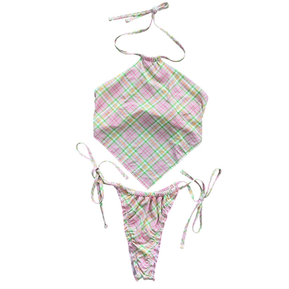 VS PINK x Frankies Bikinis Plaid Bandana Halter Top M & Thong Bottom L NWT